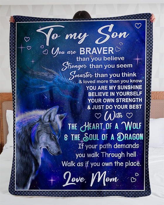 Personalized Navy Fleece Blanket To My Son The Heart A Wolf & The Soul Of A Dragon Sherpa Blanket Customized Name