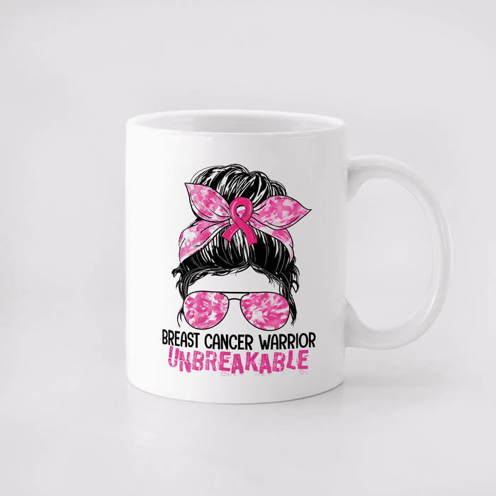 Novelty Ceramic Coffee Mug For Breast Cancer Awareness Unbreakable Messy Bun Hair Ribbon & Sunglasses 11 15oz Cup