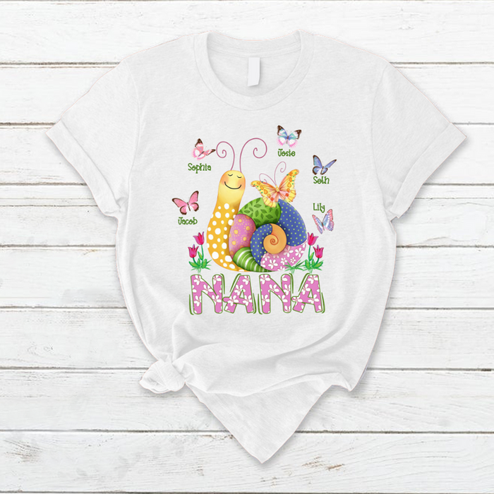 Personalized T-Shirt For Grandma Nana Cute Snail & Butterfly Printed Custom Grandkids Name Mothers Day Shirt