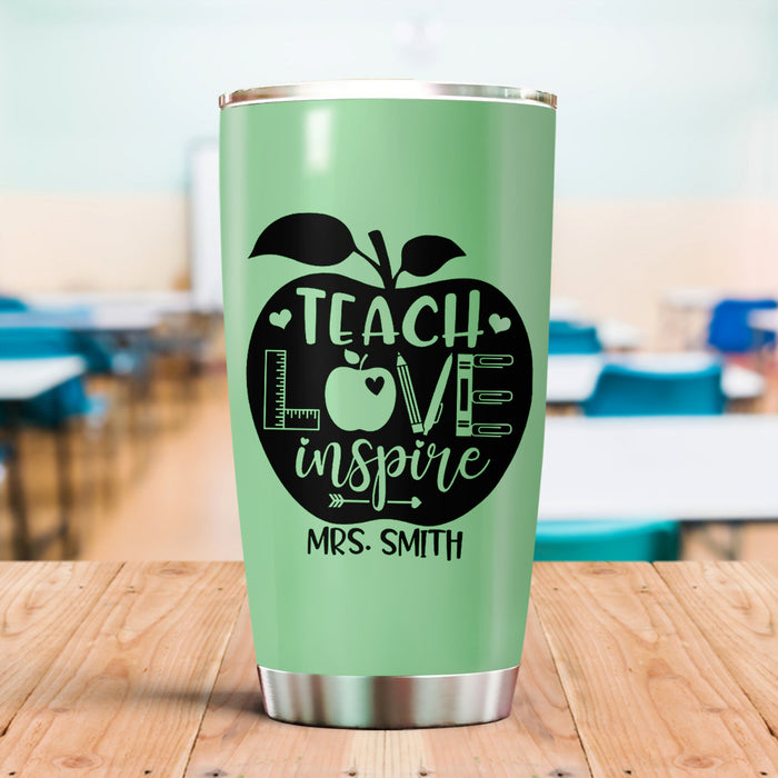 Personalized Tumbler For Teacher Teach Love Inspire Green Apple 20oz Travel Cup Custom Name Gifts For Back To School