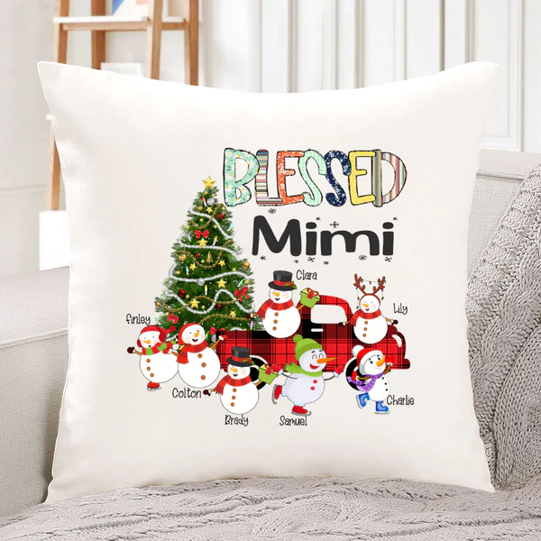 Personalized Square Pillow For Grandma Blessed Mimi Snowman Red Plaid Custom Grandkids Name Sofa Cushion Christmas Gifts