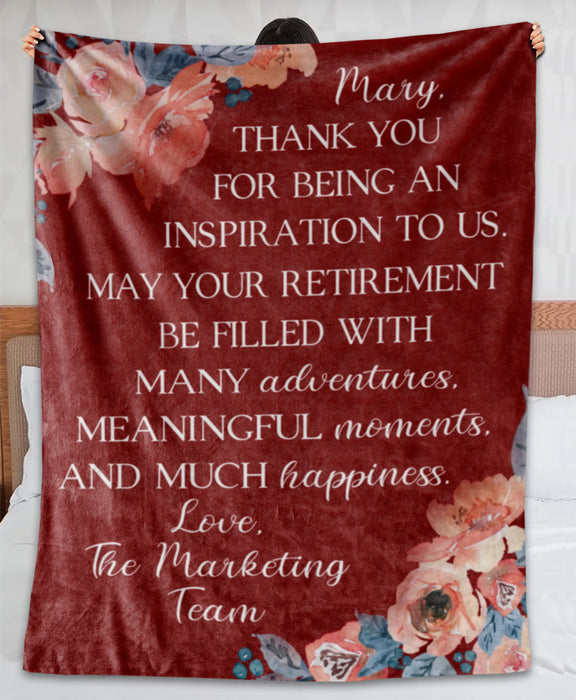 Personalized Retirement Blanket Thank You For Being An Inspiration To Us Beautiful Flower Style Custom Name
