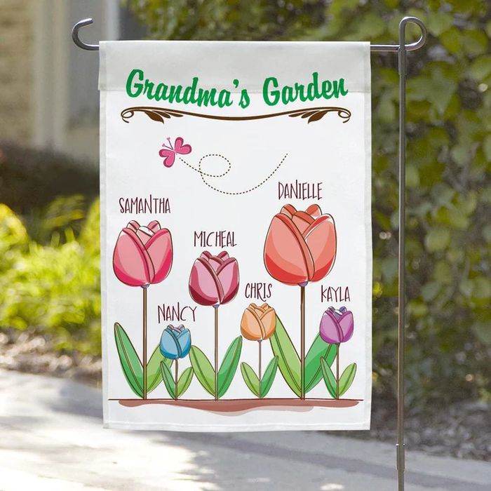 Personalized Garden Flag For Grandma Grandma's Garden Butterfly & Tulip Custom Grandkids Name Welcome Flag