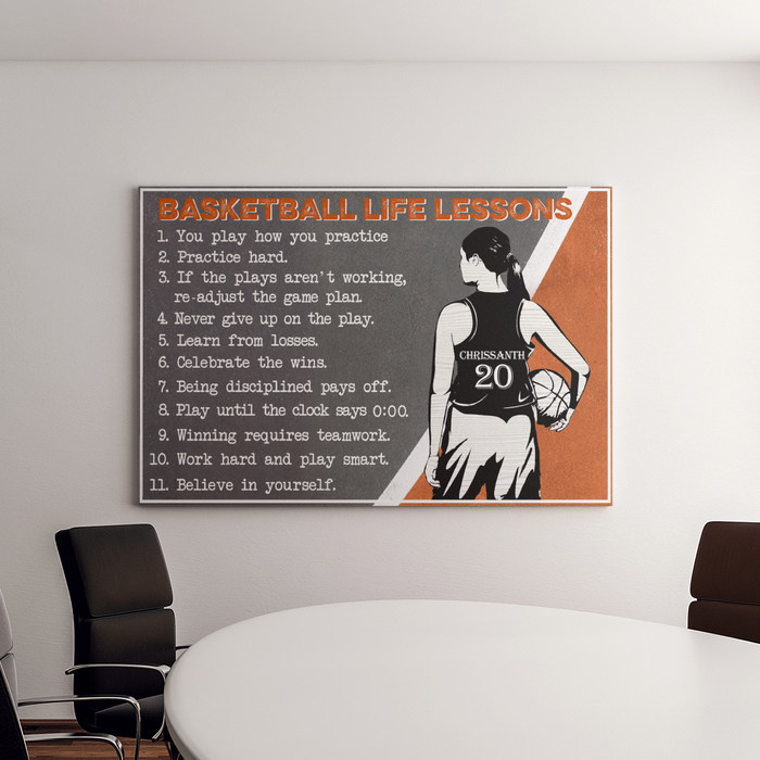 Personalized Basketball Life Lessons Canvas Poster For Women Female Player With Ball Printed Custom Name & Number