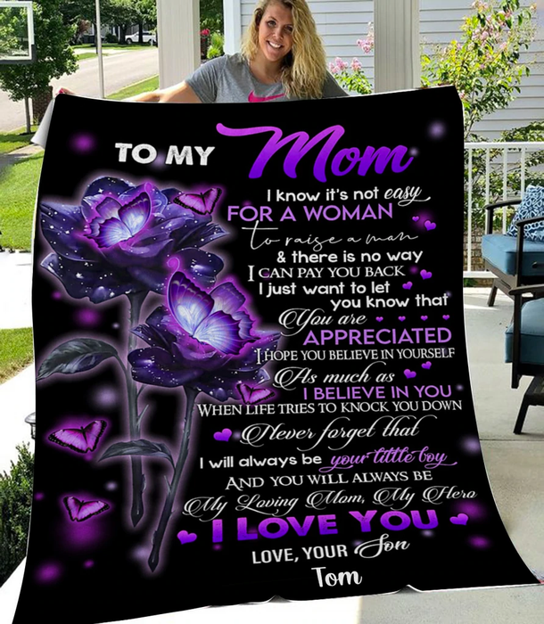 Personalized Blanket To My Mom Purple Butterfly & Rose Fleece Blanket For Mothers Day Custom Name