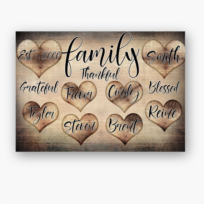 Personalized Wall Art Canvas For Family Thankful Blessed Est Year Vintage Hearts Poster Custom Family Member Name & Year