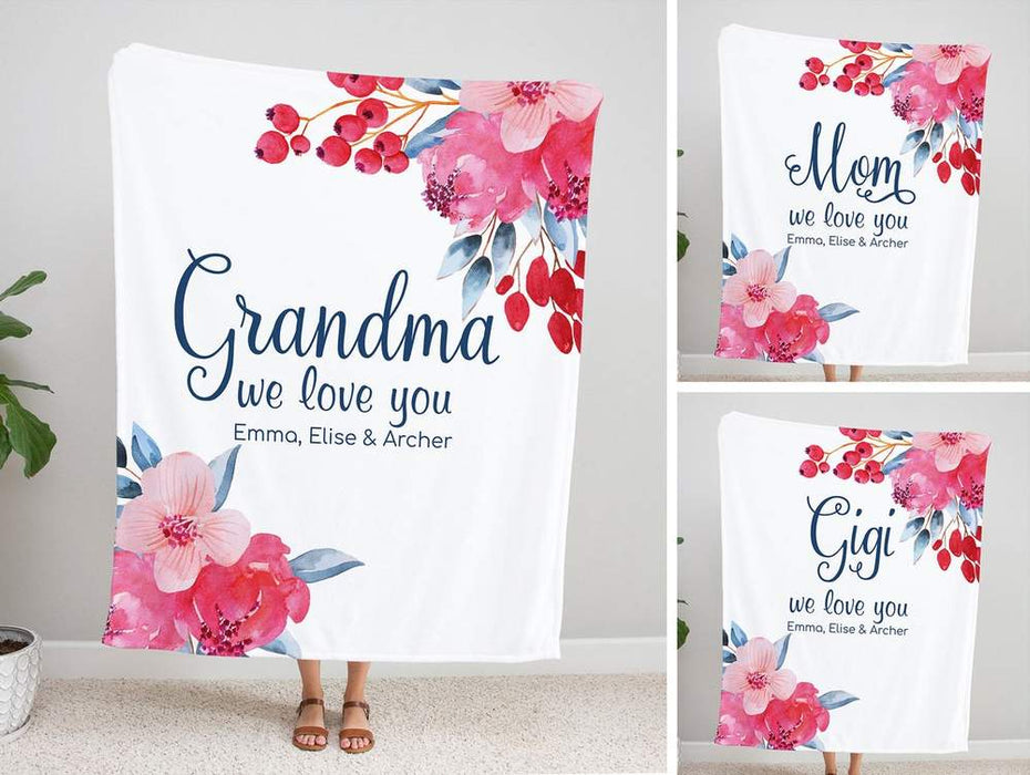 Personalized To My Grandma Mom Blanket From Grandkids Love You Pink Flowers Custom Name Gifts For Birthday Christmas