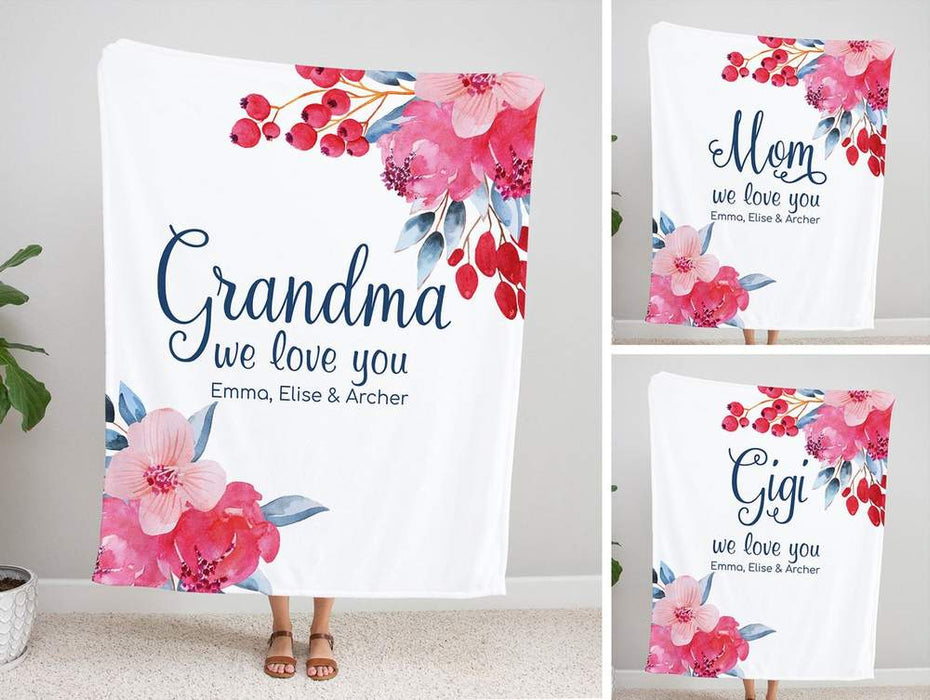 Personalized Color Flower Blanket For Grandma Mom Nana We Love You Lovely Blankets Custom Nickname & Kids Name