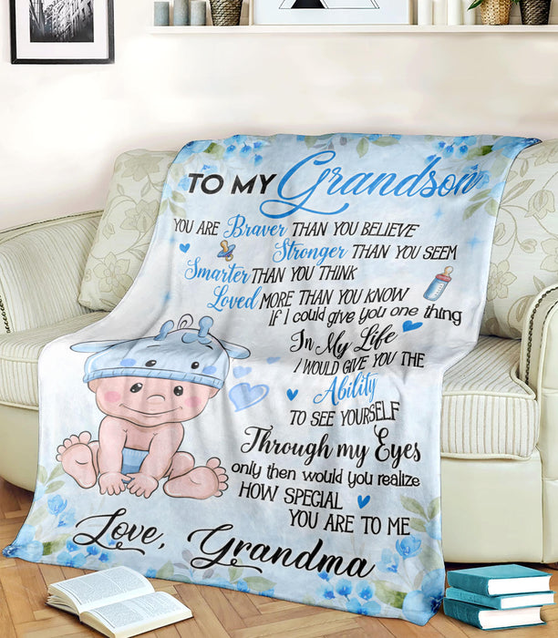 Personalized Baby Blanket To My Grandson From Grandma How Special You Are To Me Blue Flower Fleece Blanket Custom Name