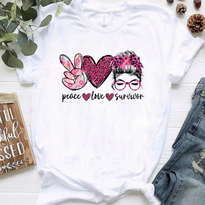 Breast Cancer Awareness T-Shirt For Girls Women Leopard Peace Love Survivor Shirt For Cancer Support Inspirational Gifts