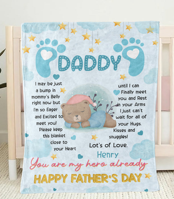 Personalized Fleece Sherpa Blanket From Baby Boy To New Daddy Cute Bear I Just Can't Wait Custom Name For Fathers Day