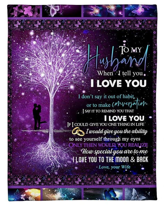 Personalized Purple Blanket To My Husband From Wife I Love You To The Moon & Back Romantic Couple Butterflies Blanket