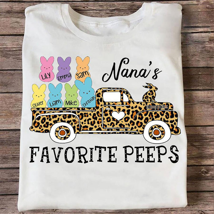 Personalized T-Shirt For Grandma For Easter Day Nana'S Favorite Peep-S Leopard Bunny Truck Custom Grandkids Name