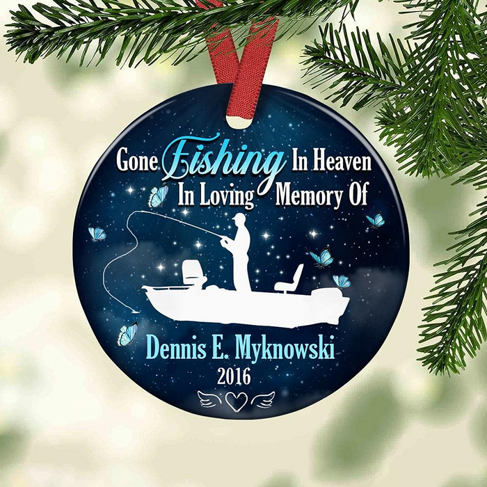 Personalized Memorial Ornament For Loved One In Heaven Fishing In Heaven Butterflies Custom Name Condolence Gifts