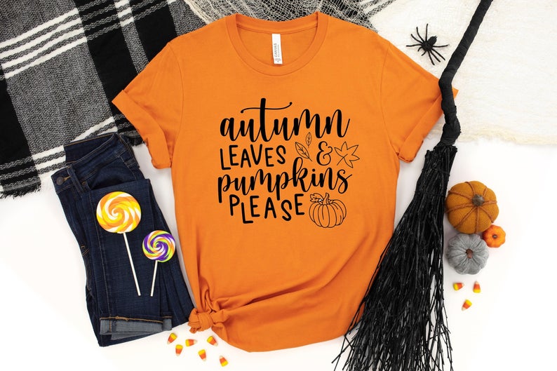 Classic T-Shirt For Women Autumn Leaves & Pumpkins Please Pumpkin & Maple Leaves Printed Fall Shirt Thanksgiving Shirt