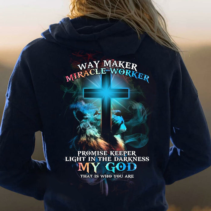 Classic Hoodie For Christian Way Maker Miracle Worker Light In The Dark Night My God Lion & Christ Cross Printed