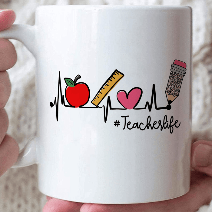 Personalized Coffee Mug For Teacher School Supplies Heartbeat Teacher Life Ceramic White Cup Gifts For Back To School