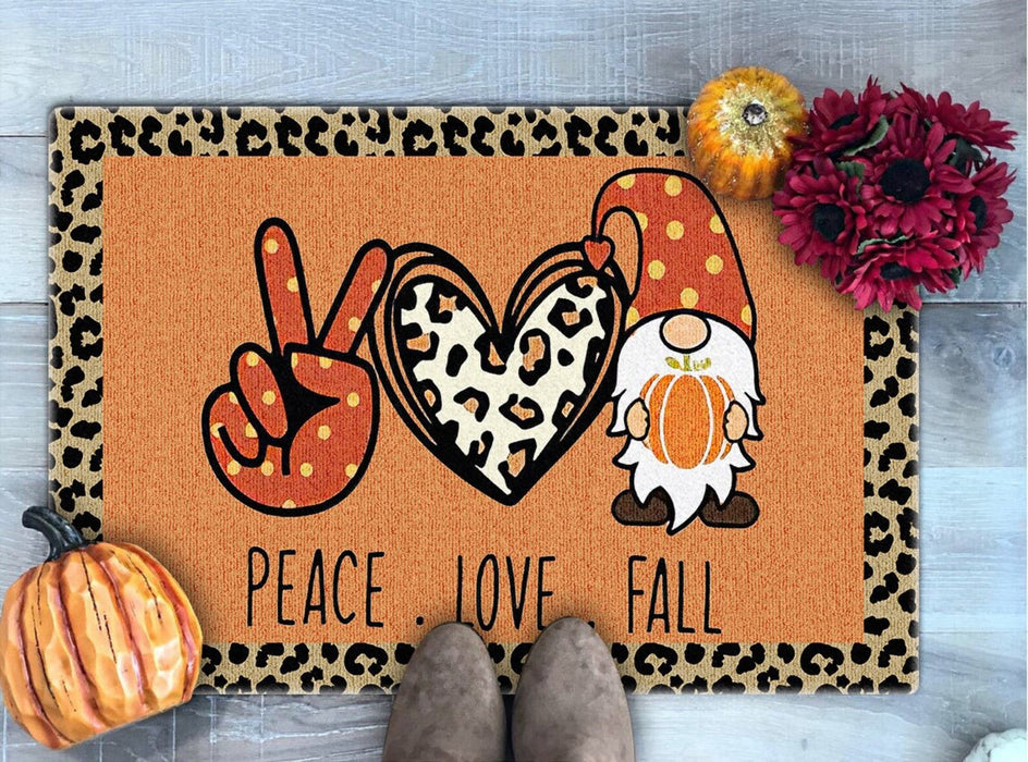 Welcome Doormat For Fall Lovers Peace Love Fall Polka Dot Hand Sign Leopard Heart Cute Gnome With Pumpkin Printed