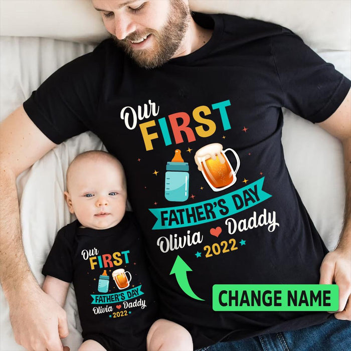 Personalized Matching T-Shirt & Baby Onesie First Father's Day Funny Cartoon Milk Beer Custom Name Daddy & Baby Set