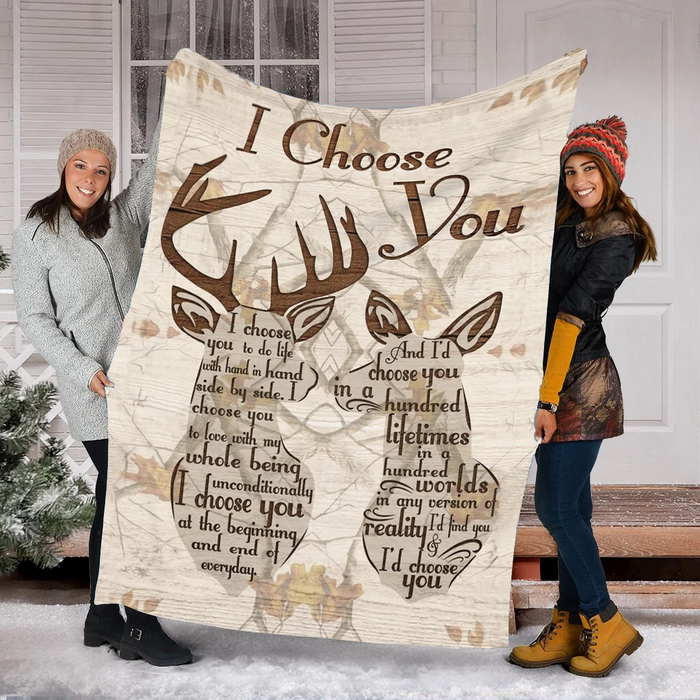 Deer Couple Camo Blanket For Couple I Choose You To Do Life With Hand In Hand Side By Side Winter Sherpa Fleece Blanket