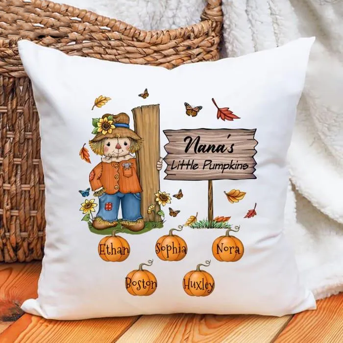 Personalized Square Pillow For Grandma Scarecrow Pumpkin Little Pumpkin Custom Grandkid Name Sofa Cushion Birthday Gifts
