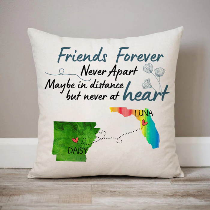 Personalized Square Pillow For BFF Friends Maybe In Distance But Never In Heart Custom Name Sofa Cushion Birthday Gifts