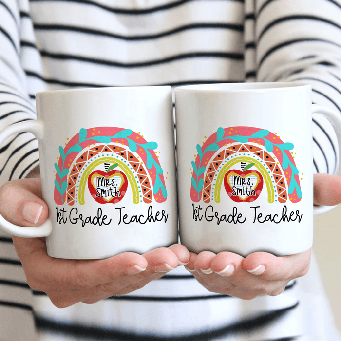 Personalized Coffee Mug For Teacher 1st Grade Teacher Rainbow Apple Custom Name Ceramic White Cup Back To School Gifts