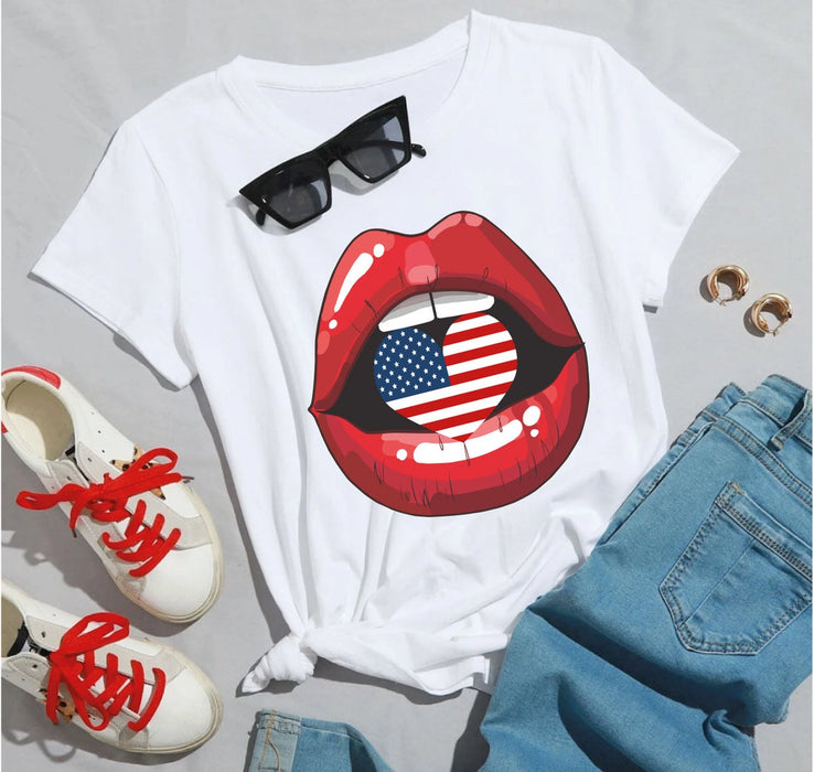 Classic Unisex T-Shirt For Men Women American Sexy Lip US Flag Heart Red White Blue Sublimation Design Shirt