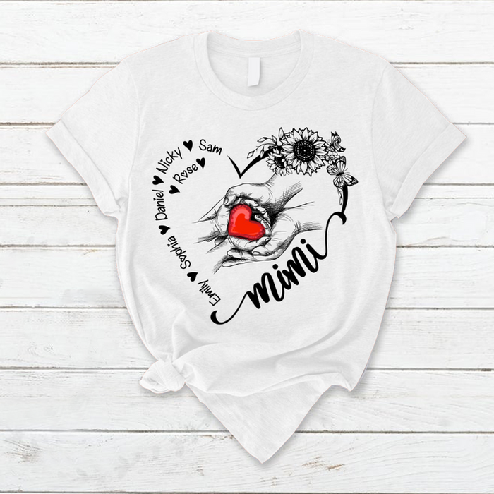 Personalized T-Shirt For Grandma Sunflower & Butterfly Heart Cute Hand In Hand Printed Custom Grandkids Name