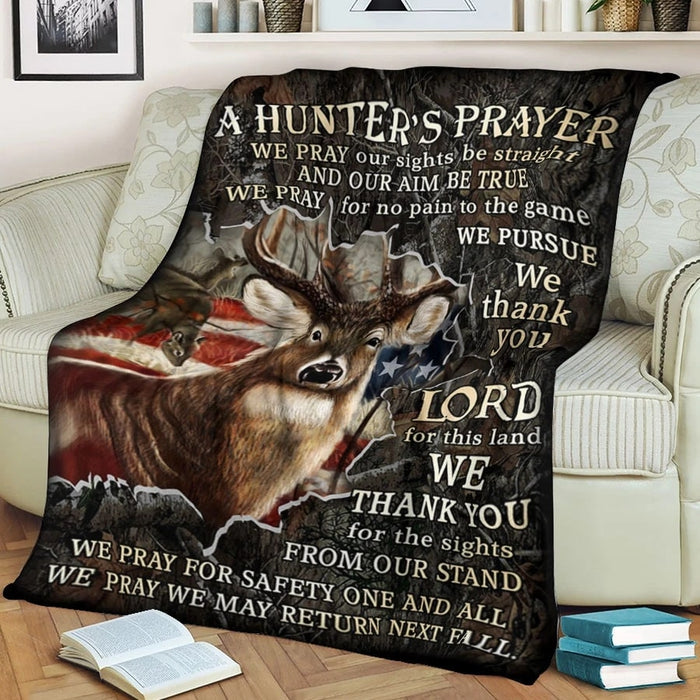 Fleece Blanket For Hunter Pray For Safety One And All Print Design Deers And American Flag