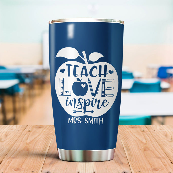 Personalized Tumbler For Teacher Teach Love Inspire Blue Apple 20oz Travel Cup Custom Name Gifts For Back To School