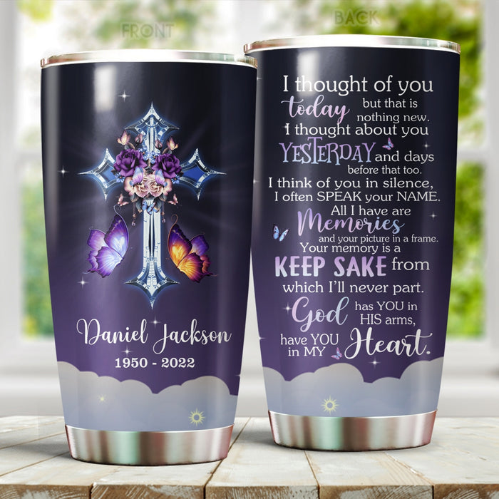 Personalized Memorial Gifts Tumbler For Loss Of Loved One Your Memory Is A Keepsake Jesus Cross Custom Name Travel Cup