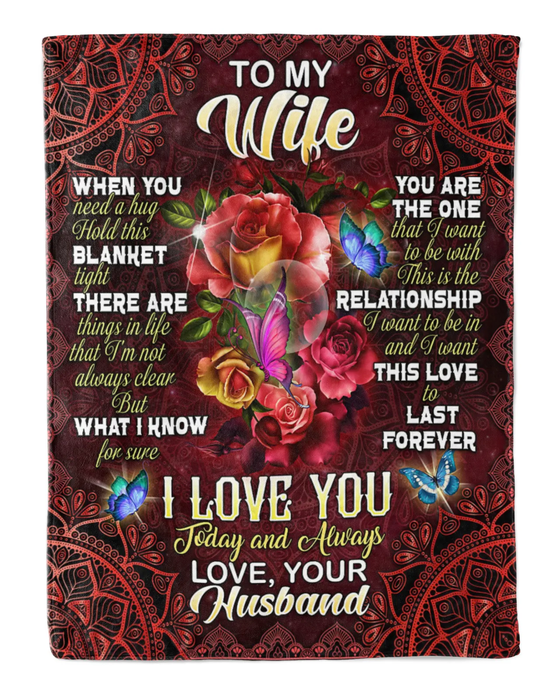 Personalized Red Mandala Blanket To My Wife On Valentine Rose & Butterfly Fleece Blanket Custom Name