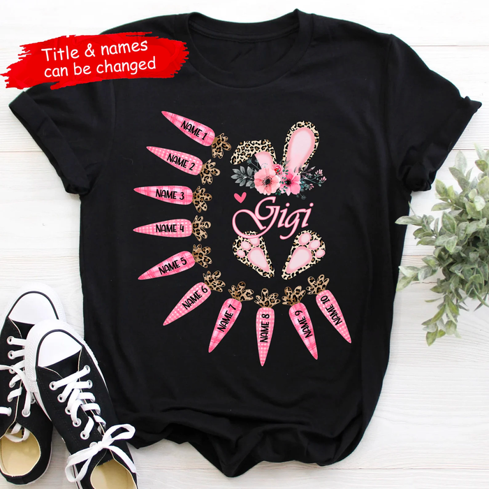 Personalized T-Shirt For Grandma Gigi Bunny Leopard & Floral Style Custom Grandkids Name Happy Easter Day Shirt