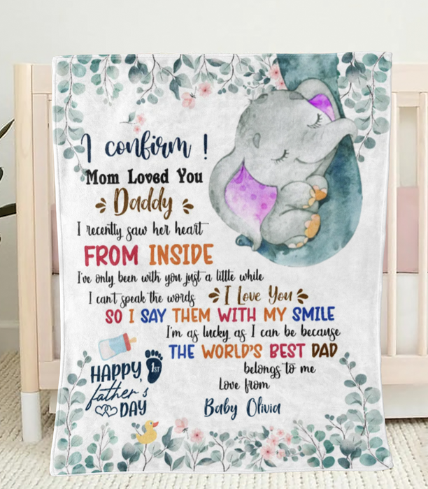 Personalized Blanket To My Dad From Baby Bump Happy First Father's Day Cute Baby Elephant & Flower Custom Name