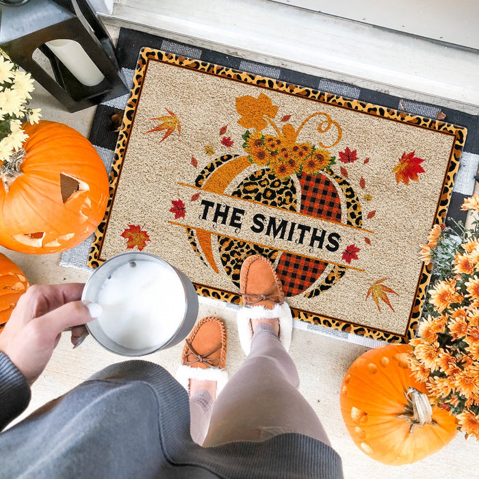 Personalized Welcome Doormat For Fall Lovers Split Monogram Pumpkin Printed Plaid Leopard Design Custom Family Name