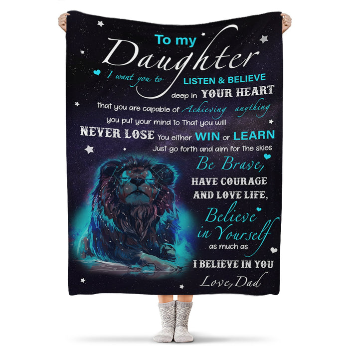 Personalized To My Daughter Fleece Blanket From Dad I Believe In You Custom Name Lion Galaxy Star Printed Throw Blanket