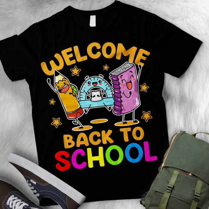 Classic T-Shirt For Kids Welcome Back To School Outfit With Funny Ruler Pencil And Notebook Printed Gift For Boy Girl