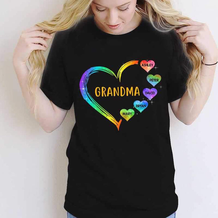 Personalized T-Shirt For Mom Grandma Colorful Heart Tie Dye Design Custom Grandkids Name Mother'S Day Shirt