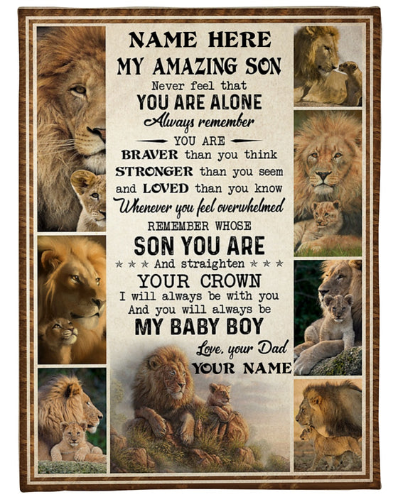 Personalized To My Son Blanket From Mom Dad Vintage Lion Braver Stronger Loved Custom Name Christmas Gifts