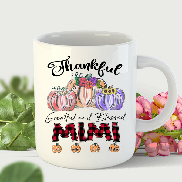 Personalized Coffee Mug Gifts For Grandma Thankful Grateful Blessed Pumpkins Custom Grandkids Name White Cup