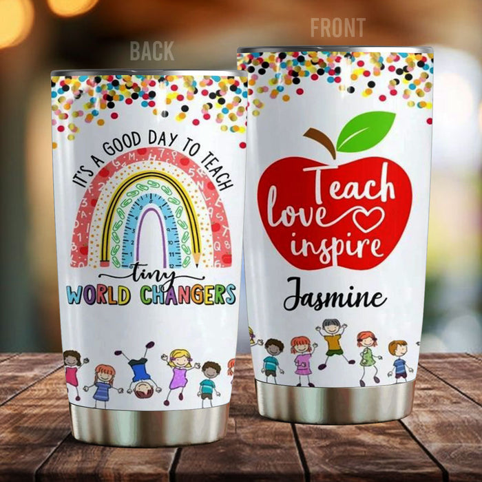 Personalized Tumbler For Teacher Teach Love Inspire Rainbow Apple 20oz Travel Cup Custom Name Gifts For Back To School