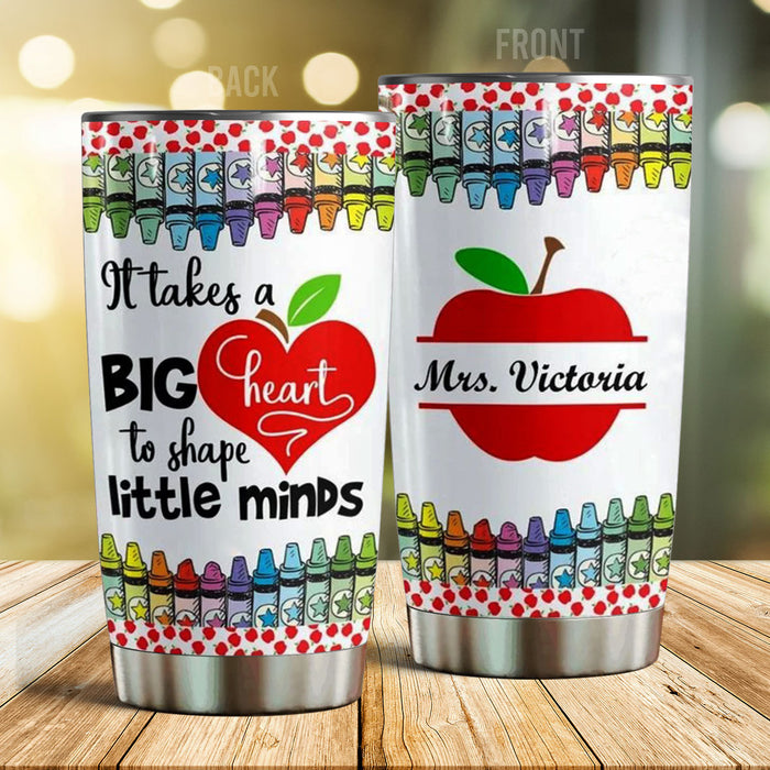 Personalized Travel Cup For Teacher Apple Crayon It Takes A Big Heart 20oz Tumbler Custom Name Back To School Gifts