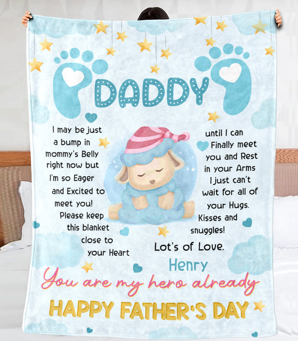 Personalized Blanket From Baby Bump To Expecting Dad Cute Sheep I Just Can't Wait Blue Theme Custom Name Fathers Day