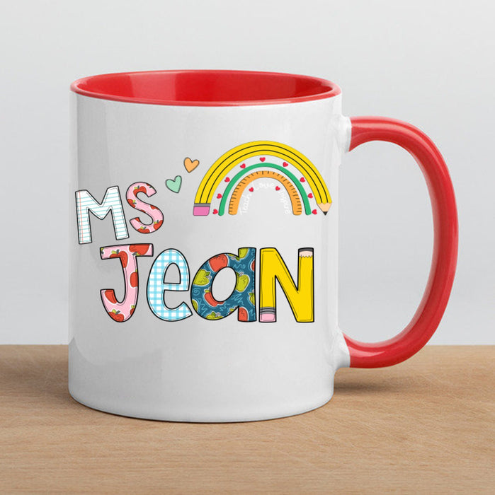 Personalized Coffee Mug For Teacher Cute Pencil Ruler Rainbow Custom Name Ceramic Cup Gifts For Back To School