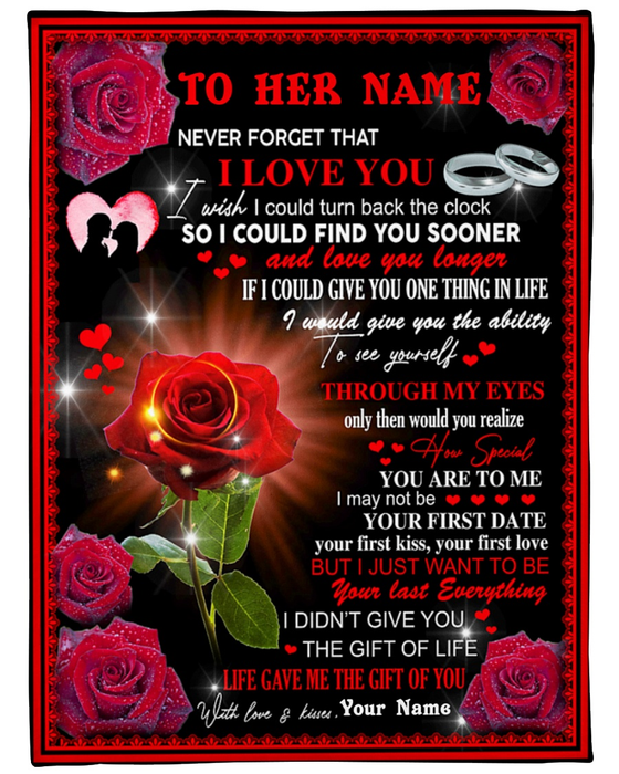 Personalized To My Wife Blanket From Husband Never Forget That I Love You Rose & Rings Printed Romantic Couple Design