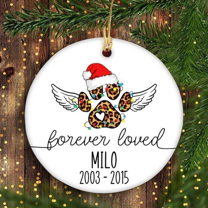 Personalized Memorial Ornament For Dog In Heaven Forever Loved Santa Claus Hat Leopard Paw Printed Custom Name And Year