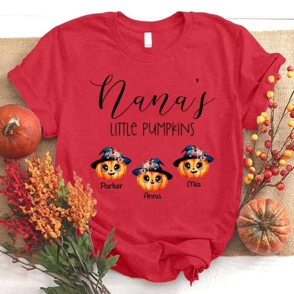 Personalized T-Shirt For Grandma Nana's Little Pumpkins Cute Pumpkin With Floral Hat Printed Custom Grandkids Name