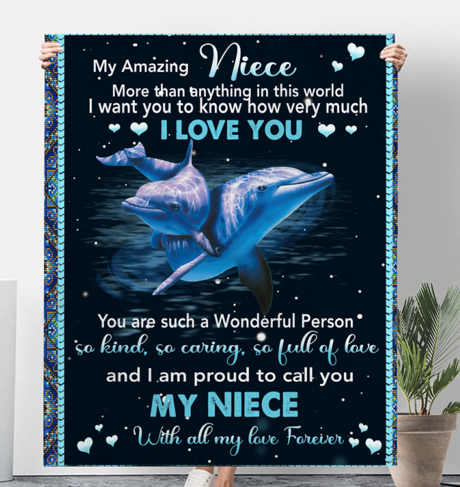 Personalized Lovely Sherpa Blanket To My Amazing Niece Funny Dolphins In The Ocean Sherpa Blankets Custom Name