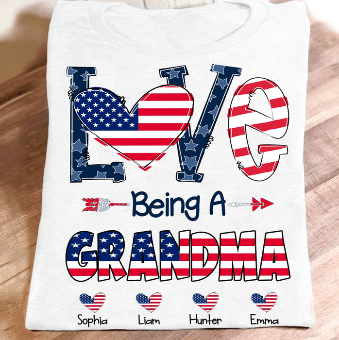 Personalized T-Shirt For Grandma Love Being Heart Print USA Flag Design Custom Grandkids Name 4th July Day Shirt